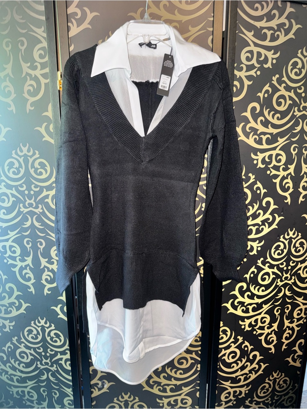 Fashion Nova Black Sweater Mini with White Collared Shirt Insert